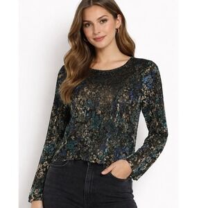 VTG Coldwater Creek Womens Top L Black Blue Burnout Velvet Stretch Whimsigoth